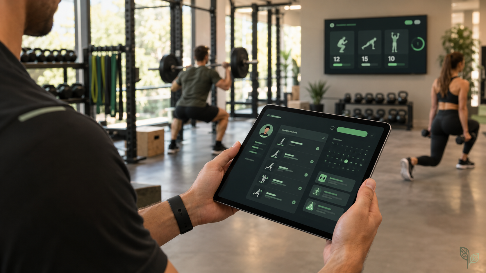 Entrenador consultando BrotaFit en una tablet, con clientes entrenando y una pantalla TrainWall al fondo